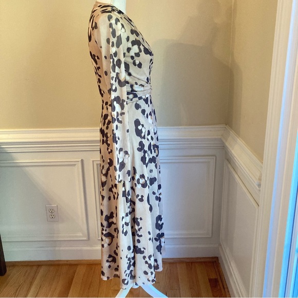 H&M Tan Black Animal Leopard Cheetah Print Mesh Net Long Sleeve Midi Maxi Dress - Picture 2 of 9